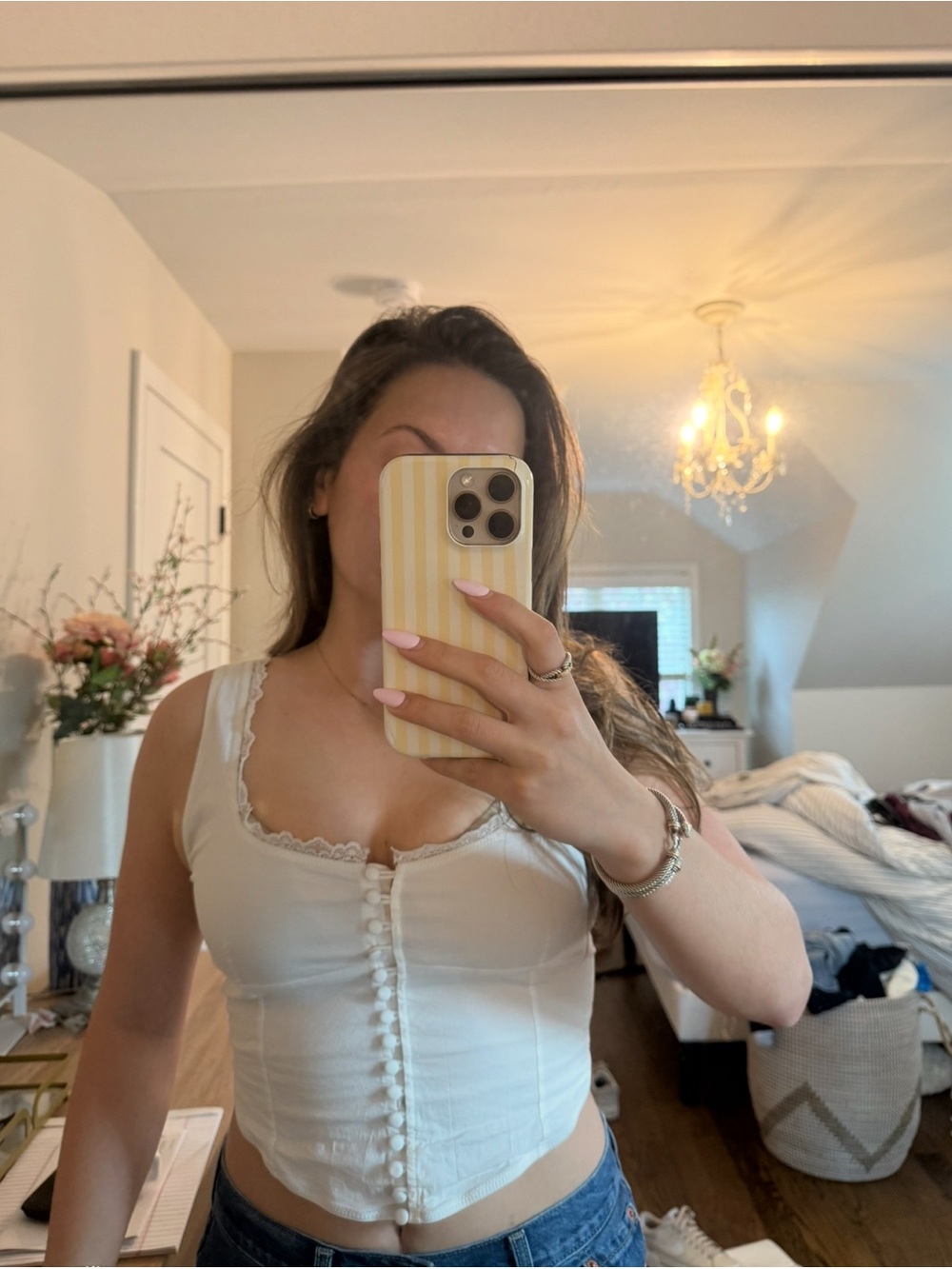 Lace-Trim Ivory Button-Front Top
